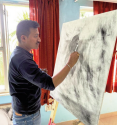 Charcoal Painting Camp at Mount Abu - Charcoal painted canvas 